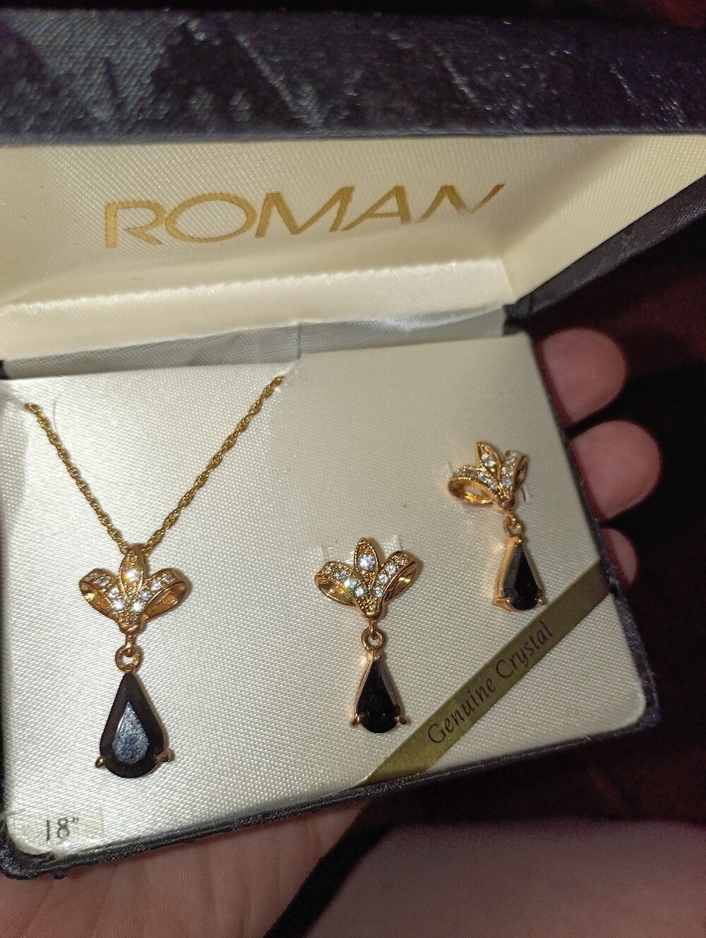 NEW Roman Gold-Tone Necklace and Earring Set with Black Teardrop Crystals